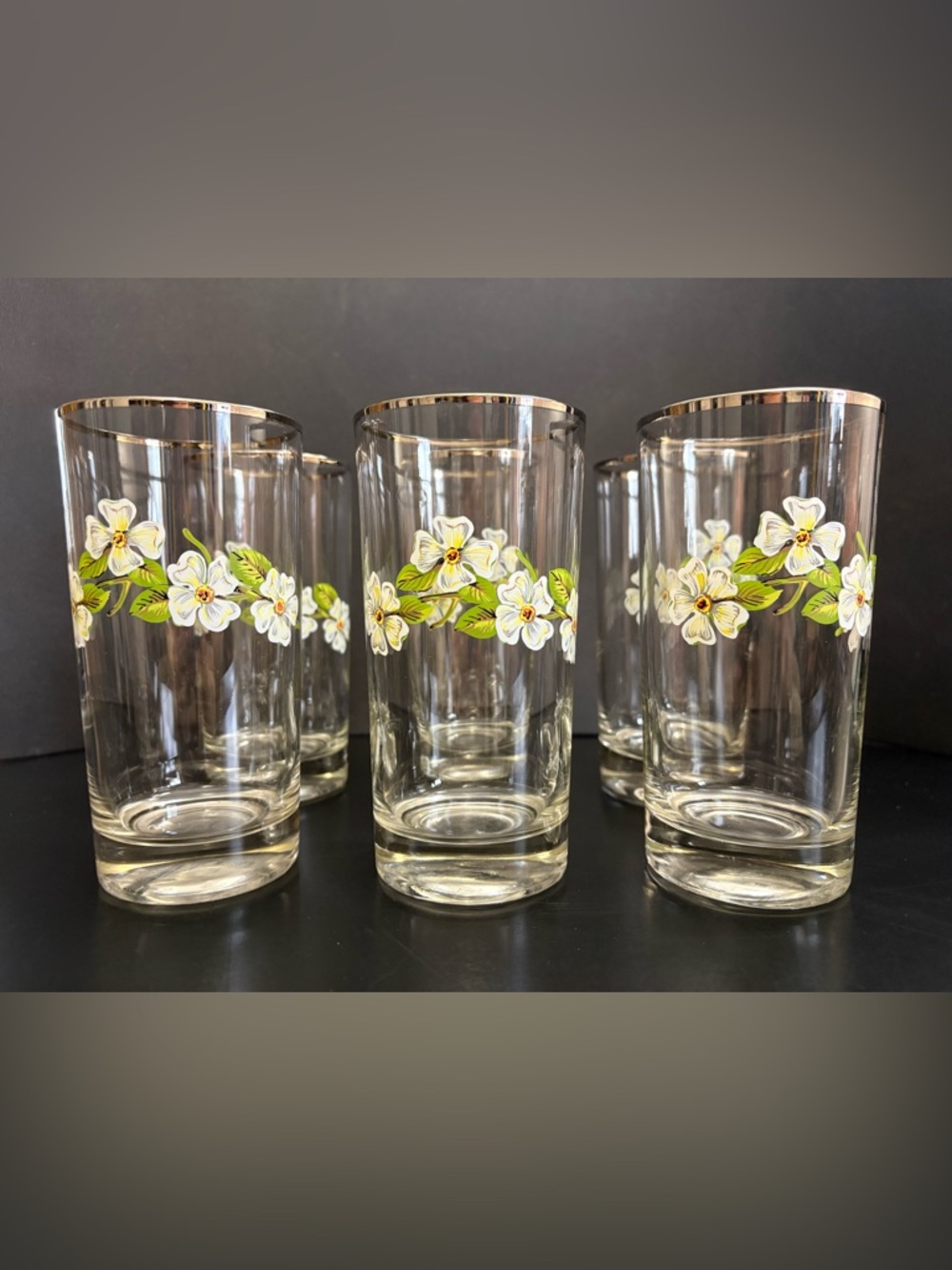 Vintage Floral Set of 6 Floral Highball Glasses with Gold Rim